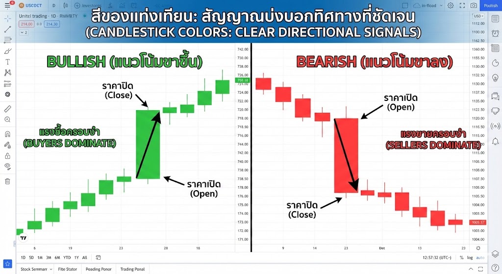 สีของแท่งเทียน: สัญญาณบ่งบอกทิศทางที่ชัดเจน