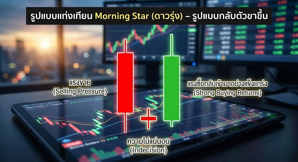 รูปแบบแท่งเทียนMorning Star (ดาวรุ่ง)เป็นรูปแบบกลับตัวขาขึ้น